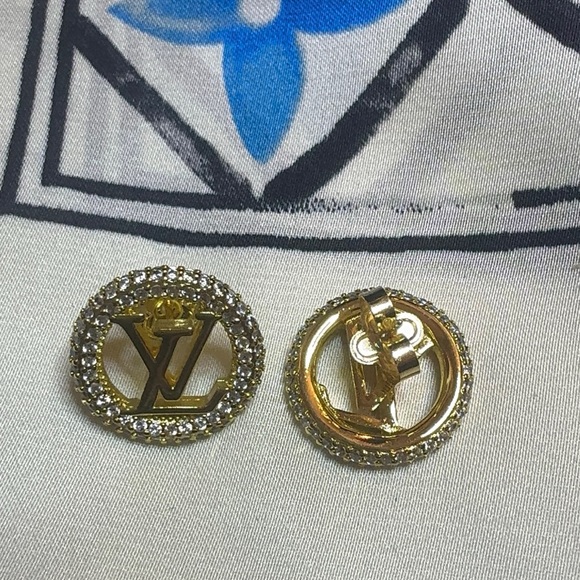 Louis Vuitton Gold Crystal Round LV Logo Stud Earrings